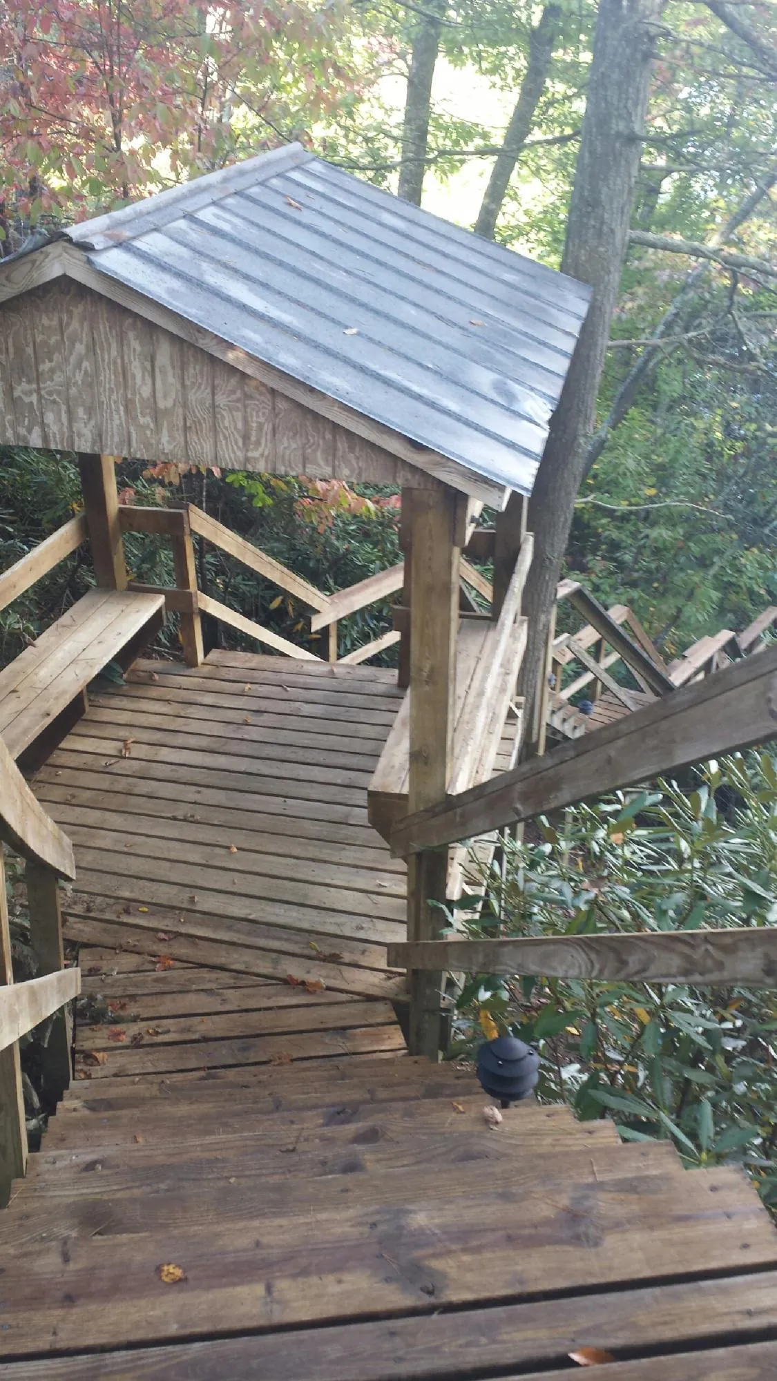Metal roofed shelter over wooden steps on a wooded walkway — Skylight Repair & Installation work by our crew in Woodhull